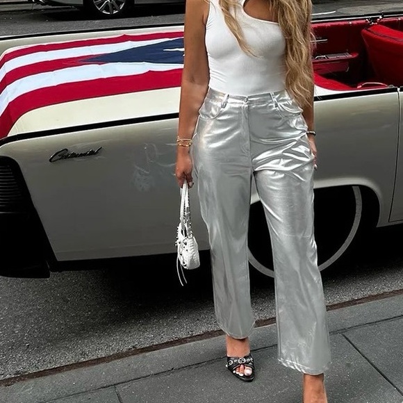 Shiny Pants Trouser Bottom Womenswear Underwear Lady Metallic Shimmer High Waist - Picture 3 of 5
